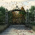 Building Exterior Wall With Ornate Iron Gate Falling Autumn Leaves Green Trees And Cobblestone Path