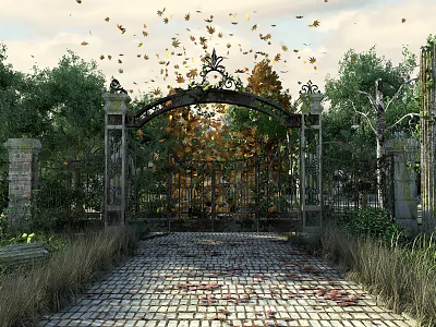 Building Exterior Wall With Ornate Iron Gate Falling Autumn Leaves Green Trees And Cobblestone Path 3d model