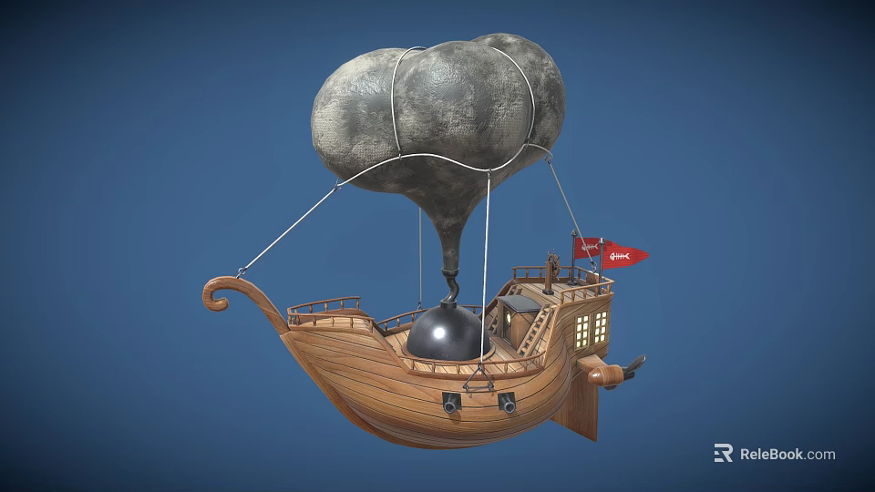 Cartoon Flying Ship Scene With Gray Balloon Wooden Hull Red Flag And Metal Ball 3d model 