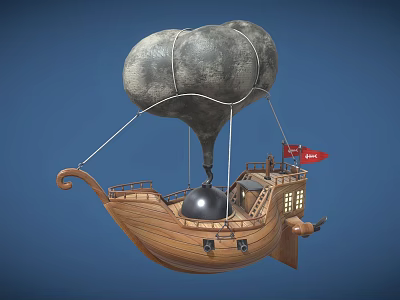 Cartoon Flying Ship Scene With Gray Balloon Wooden Hull Red Flag And Metal Ball 3d model
