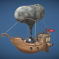 Cartoon Flying Ship Scene With Gray Balloon Wooden Hull Red Flag And Metal Ball