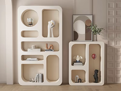 Sleek Modern Console And Side Cabinets With Open Geometric Compartments Decorative Sculptures Books And Greenery 3d model