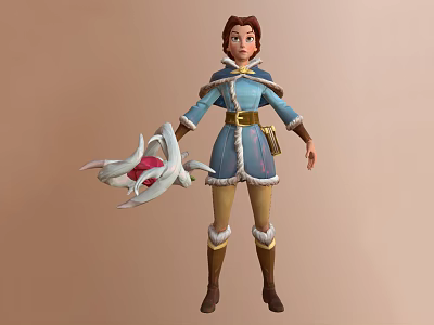 Adventurous Female Character In Belted Blue Coat Holding White Red Fantasy Creature 3d model
