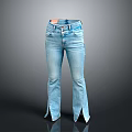 Blue Flared Denim Jeans Featuring Split Hem And Modern Silhouette Design