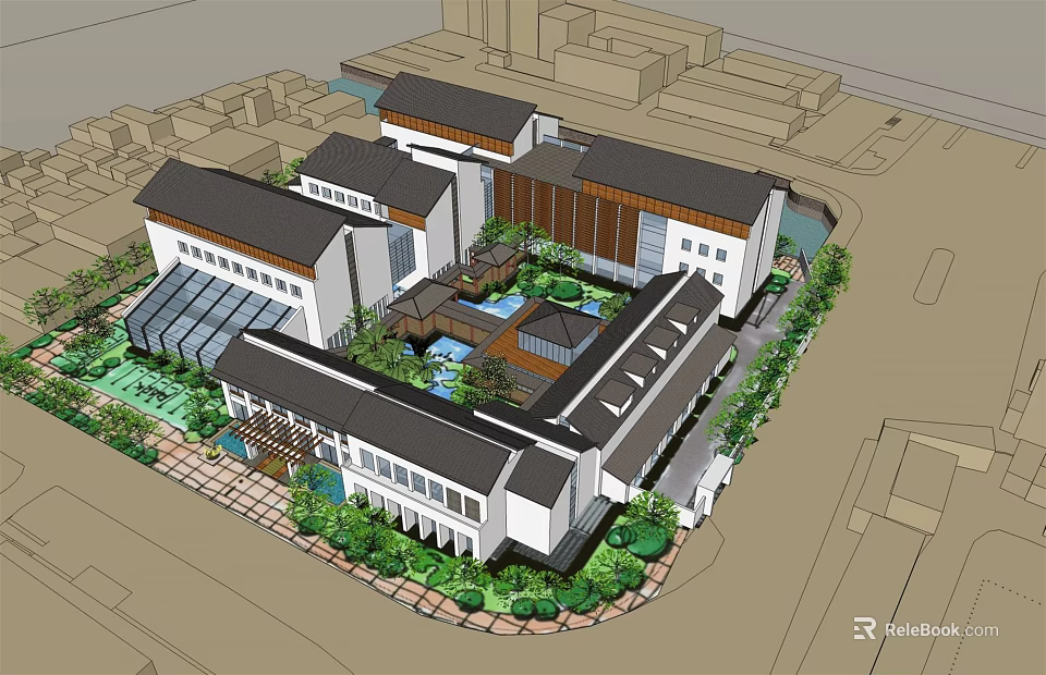 Modern Architectural Complex With Central Courtyard Multiple Buildings And Lush Gardens 3d model 