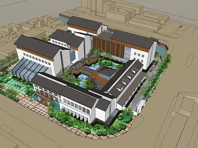 Modern Architectural Complex With Central Courtyard Multiple Buildings And Lush Gardens 3d model