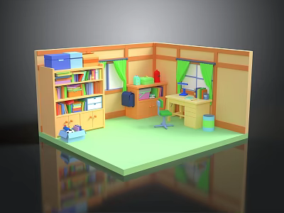 Cozy Room With Bookshelf Desk And Window View Of Green Natural Scenery 3d model