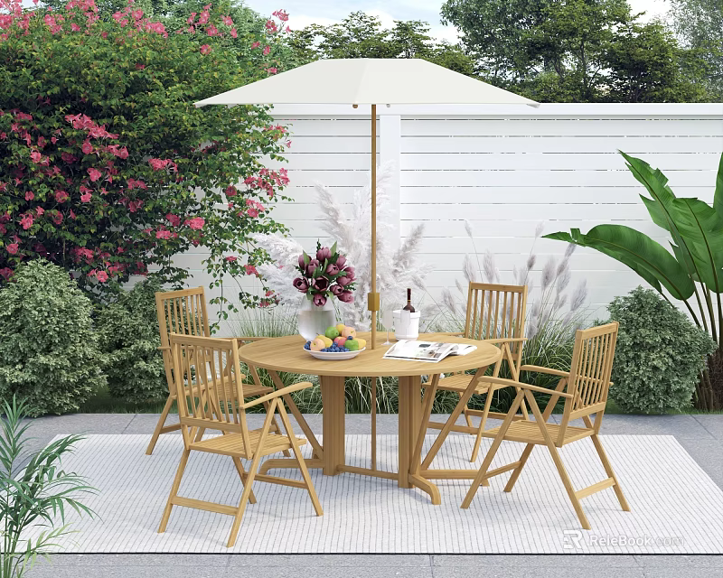 Garden Landscape With Outdoor Patio Dining Set Umbrella Pink Flowers And Lush Greenery 3d model 