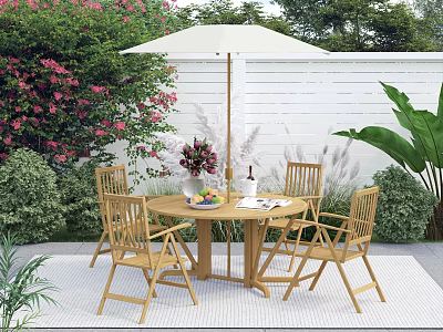 Garden Landscape With Outdoor Patio Dining Set Umbrella Pink Flowers And Lush Greenery 3d model