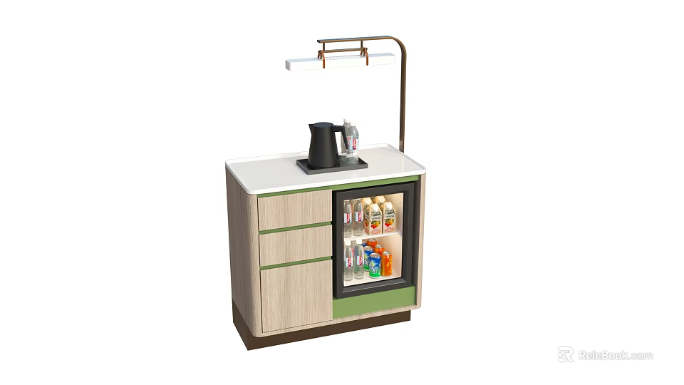 Hotel Guest Room Minibar Area Featuring Coffee Maker Beverage Fridge and Cabinet Lighting 3d model 