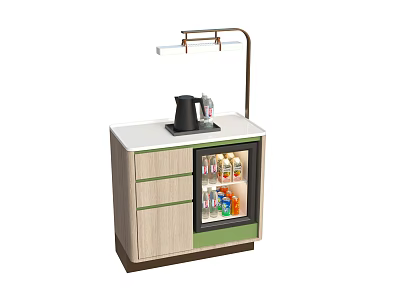 Hotel Guest Room Minibar Area Featuring Coffee Maker Beverage Fridge and Cabinet Lighting 3d model