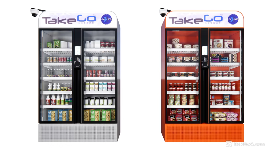 TakeGo Commercial Vending Machines in Silver and Orange with Assorted Products 3d model 