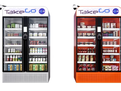 TakeGo Commercial Vending Machines in Silver and Orange with Assorted Products 3d model