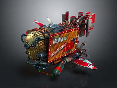 Steampunk Flying Vehicle With CornDog 500 Golden Red Propellers And Wings 3d model