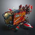 Steampunk Flying Vehicle With CornDog 500 Golden Red Propellers And Wings