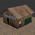 Red Brick Building With Tile Roof Graffiti Garage Door And Gravel Ground