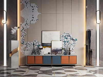 Modern TV Stand With Orange And Blue Doors Decorative Paintings And Wall Art 3d model
