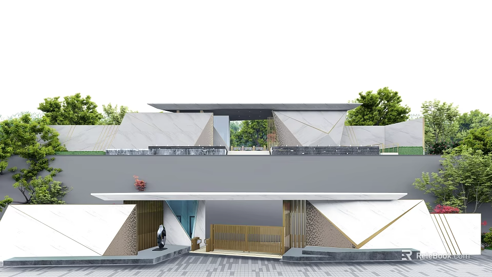 Modern Geometric Entrance Gate With Stone Cladding Metal Elements And Green Plants 3d model 