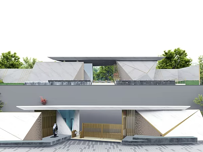 Modern Geometric Entrance Gate With Stone Cladding Metal Elements And Green Plants 3d model