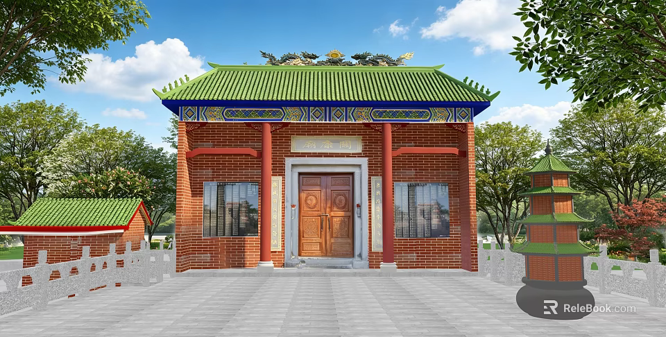 Traditional Ancient Architecture with Green Roof Red Columns Wooden Door and Surrounding Trees 3d model 