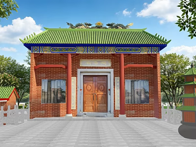 Traditional Ancient Architecture with Green Roof Red Columns Wooden Door and Surrounding Trees 3d model