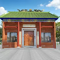 Traditional Ancient Architecture with Green Roof Red Columns Wooden Door and Surrounding Trees
