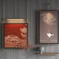 Chinese Style Golden Framed Wall Art With Red Architecture Gray Crane And Moon