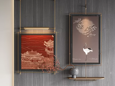 Chinese Style Golden Framed Wall Art With Red Architecture Gray Crane And Moon 3d model