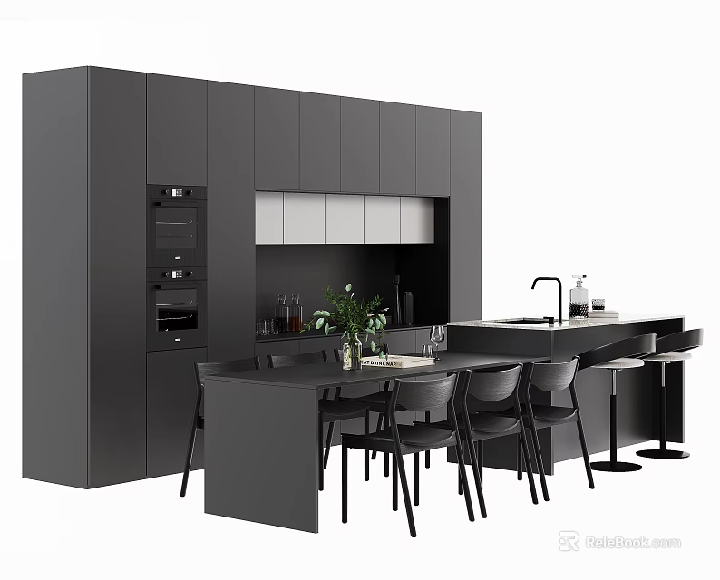 Modern Dark Gray Kitchen Cabinets With Island Counter And Dining Chairs 3d model 
