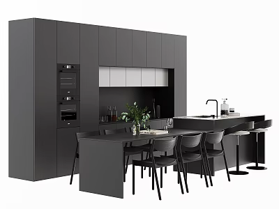 Modern Dark Gray Kitchen Cabinets With Island Counter And Dining Chairs 3d model