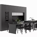 Modern Dark Gray Kitchen Cabinets With Island Counter And Dining Chairs
