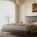Modern Minimalist Bedroom Interior With Platform Bed Nightstands Area Rug Decorative Painting And Pendant Light