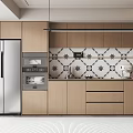 Modern Kitchen Sideboard With Wooden Cabinets Geometric Pattern Tiles And Built in Oven