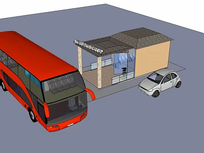 Red Double Decker Bus Parked At Bus Stop With White Car Nearby 3d model