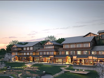 Scenic Commercial Street With Traditional Architecture Illuminated Lights Lush Greenery And Shops 3d model