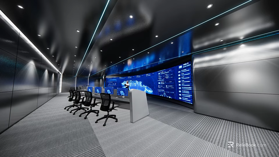 Modern Monitoring Room Interior Design With Multiple Screens Control Desk And Ergonomic Chairs 3d model 