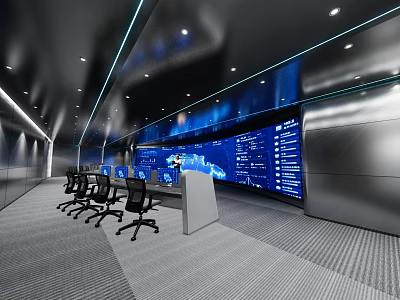 Modern Monitoring Room Interior Design With Multiple Screens Control Desk And Ergonomic Chairs 3d model