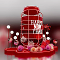 Red Bottle Shaped Art Installation Featuring Happy New Year Text Fireworks Pink Orange Spherical Ornaments