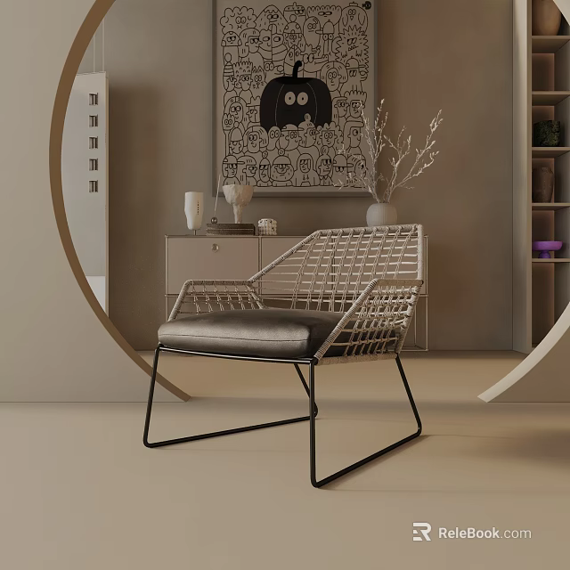Modern Wicker Leisure Chair With Metal Frame And Gray Cushion In Contemporary Interior Space 3d model 
