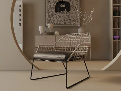 Modern Wicker Leisure Chair With Metal Frame And Gray Cushion In Contemporary Interior Space 3d model