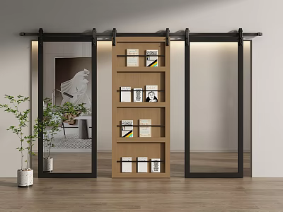 Modern Interior Black Frame Barn Door With Wooden Bookshelf And Green Plant 3d model