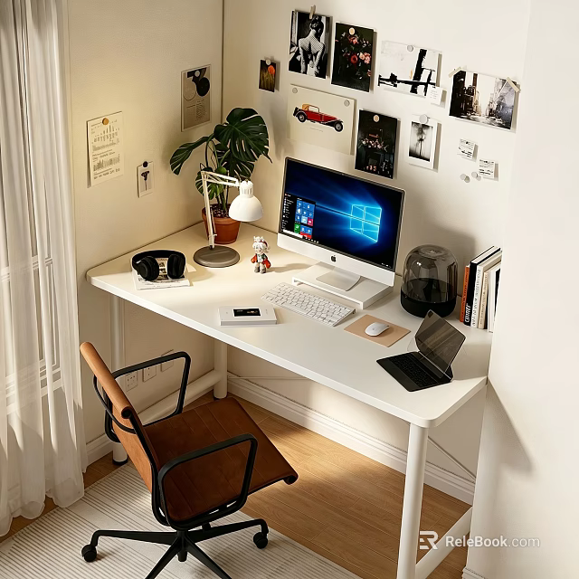 Modern Minimalist Home Office White Desk And Wooden Chair Set For Cozy Comfortable Daily Work 3d model 