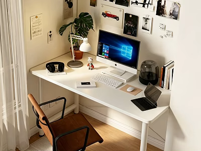 Modern Minimalist Home Office White Desk And Wooden Chair Set For Cozy Comfortable Daily Work 3d model