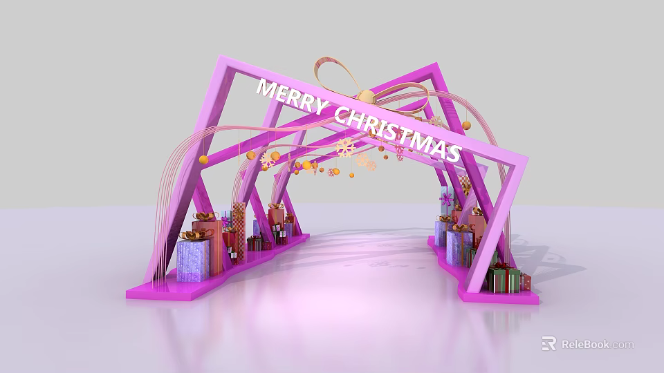 Christmas Themed Event Tunnel With Pink Arch Structure Gift Boxes And Merry Christmas Sign 3d model 