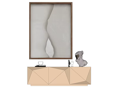 Modern Interior With Abstract Framed Artwork Geometric Light Wood Cabinet And Sculpture 3d model