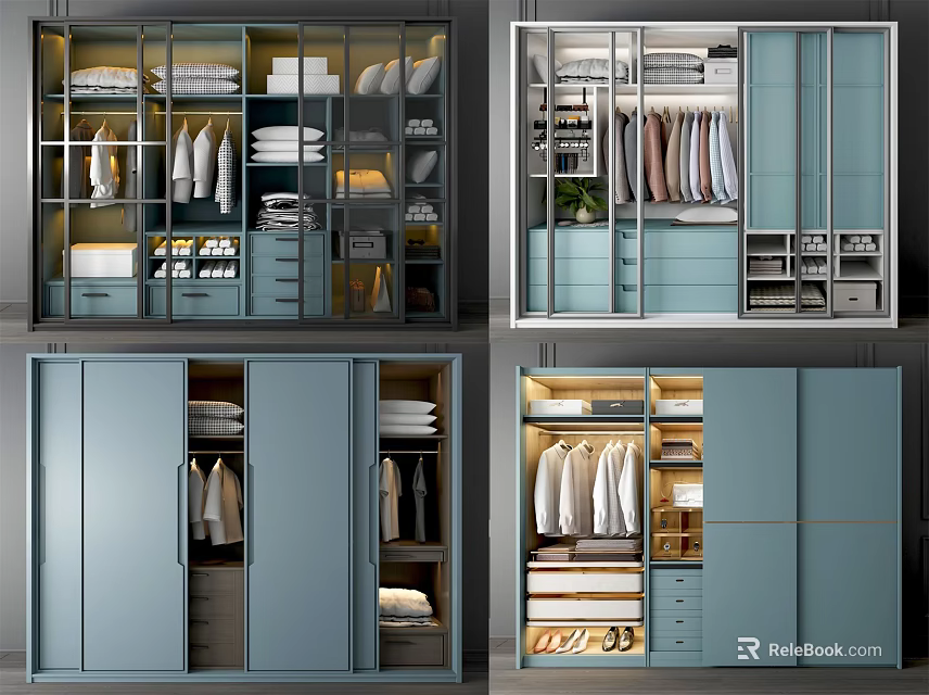Modern Wardrobe Interior Design With Sliding Doors Drawers Shelves And Hanging Rods 3d model 
