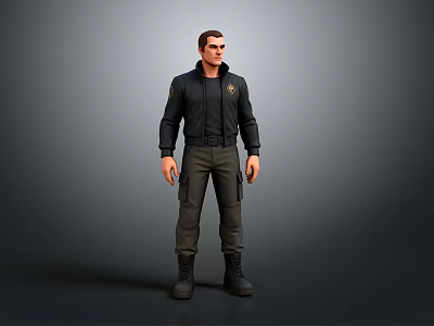 3D Male Character Model Wearing Black Jacket Gray Pants And Boots Standing 3d model