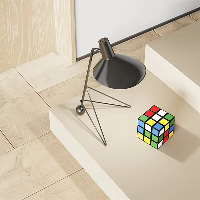 Modern Black Desk Lamp With Metal Base And Rubik's Cube On Light Wooden Table 3d model