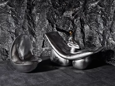 Sleek Metallic Leisure Chair With Modern Design Against Natural Rock Wall Background 3d model