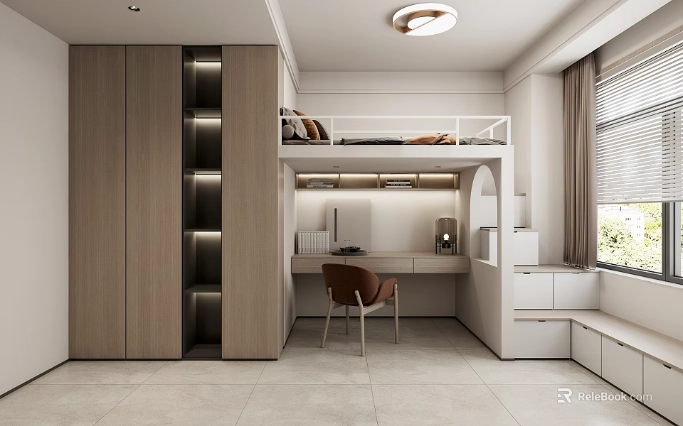 Modern Kids Room Interior Design With Bunk Bed Desk Chair Stairs And Built in Cabinets 3d model 